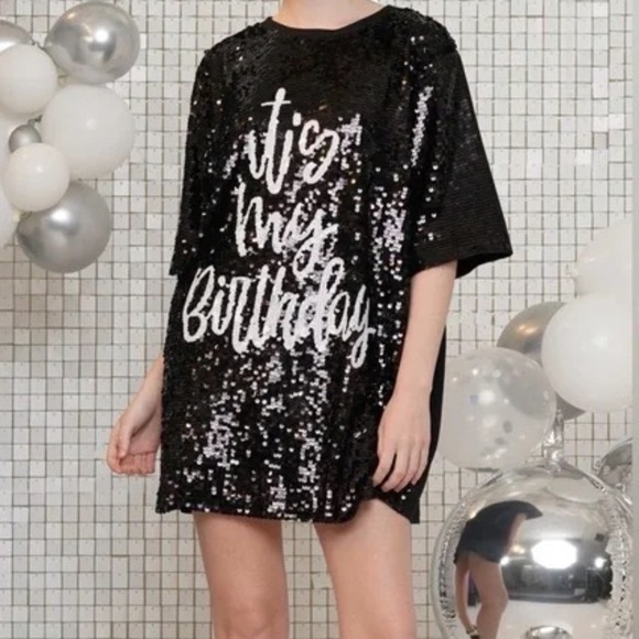 Why Dress It's My Birthday Sequin T-Shirt Dress, Black/White One Size Party Fun - Picture 2 of 14